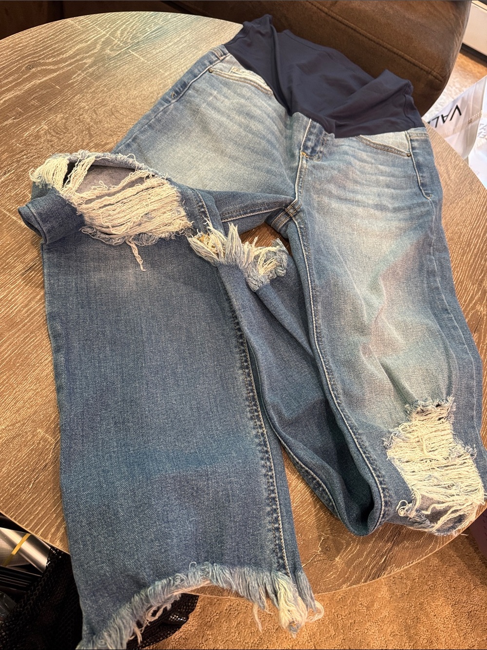 Pinkblush Distressed Maternity Jeans in Medium Blue with Navy Waistband